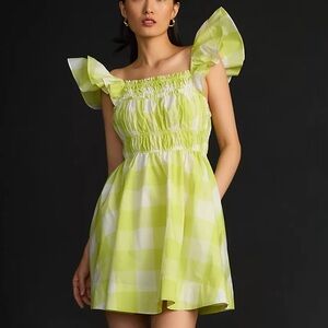 NWT Anthropologie Maeve Square-Neck Flutter-Sleeve Shirred Dress. Size Small
